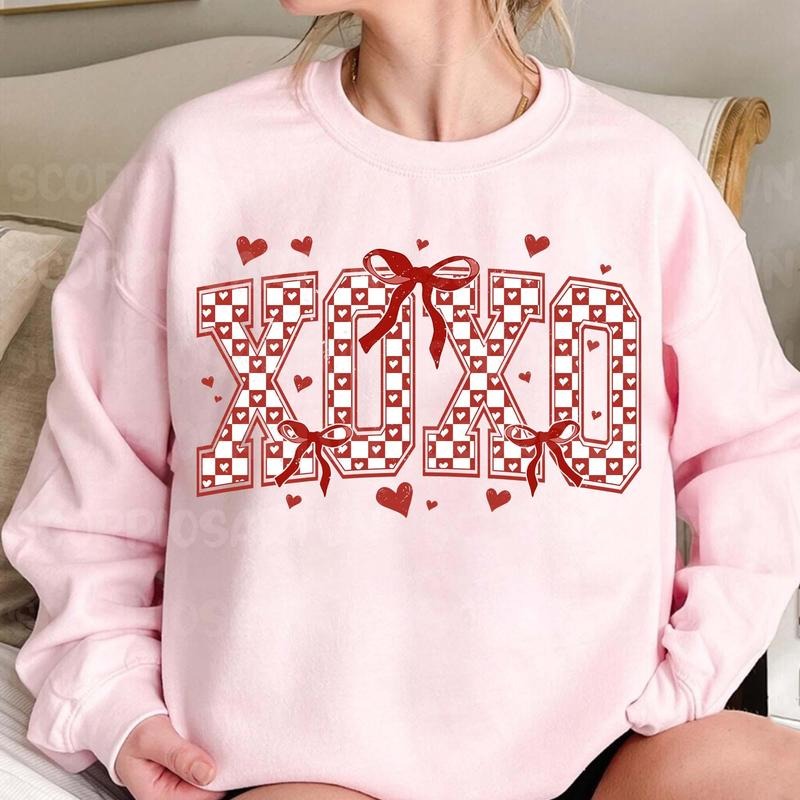 XOXO Checkered Sweatshirt, Checkered Varsity Sweatshirt, Retro Valentine Shirt,  Coquette Bow , Valentine day Gifts, Gift...