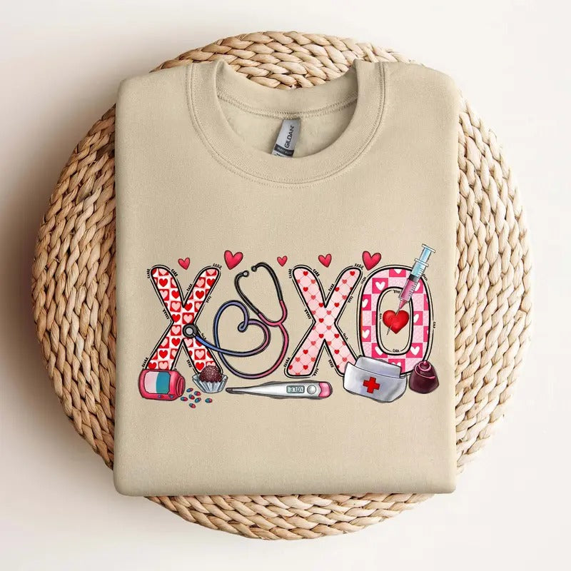 XOXO Nurse Sweatshirt - Valentines Day Shirt for Nurses - Unisex Cotton T-shirt - Fabric Hoodie | CiraTrend.com