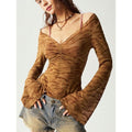 Y2K Mesh Bell Long Sleeve T Shirt Ruched V Neck Lettuce Trim Fitted Tops Hoodie, Sweatshirt | CiraTrend.com