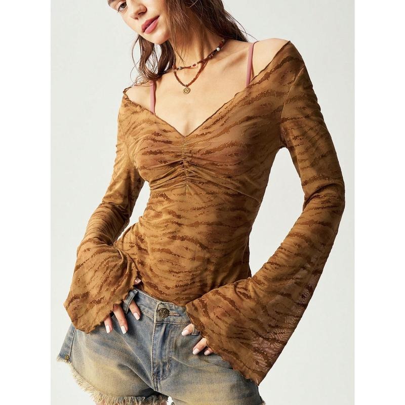 Y2K Mesh Bell Long Sleeve T Shirt Ruched V Neck Lettuce Trim Fitted Tops Hoodie, Sweatshirt | CiraTrend.com