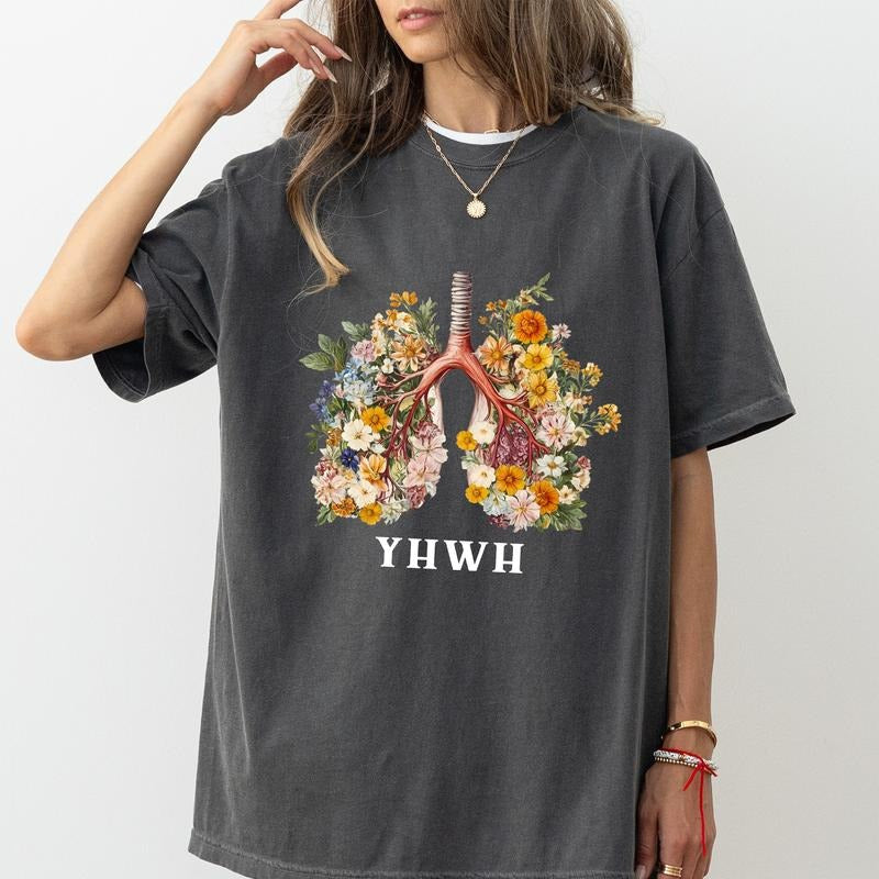 YHWH Lungs Comfort Colors Shirt, Floral Breathe Unisex Graphic Tee, Retro Women's Faith Shirt, Christian Gift Clothing...
