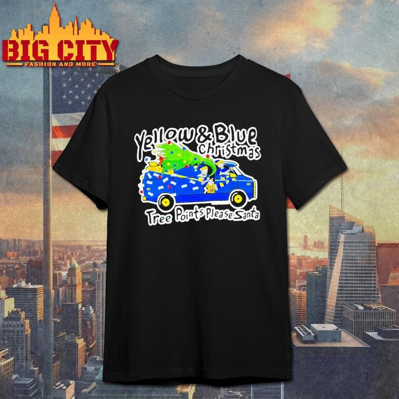 Yellow and Blue Christmas Tree Points Please Santa shirt