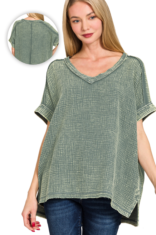 1017 Acid Washed Double Gauze V Neck Cuffed Tee SI-27650