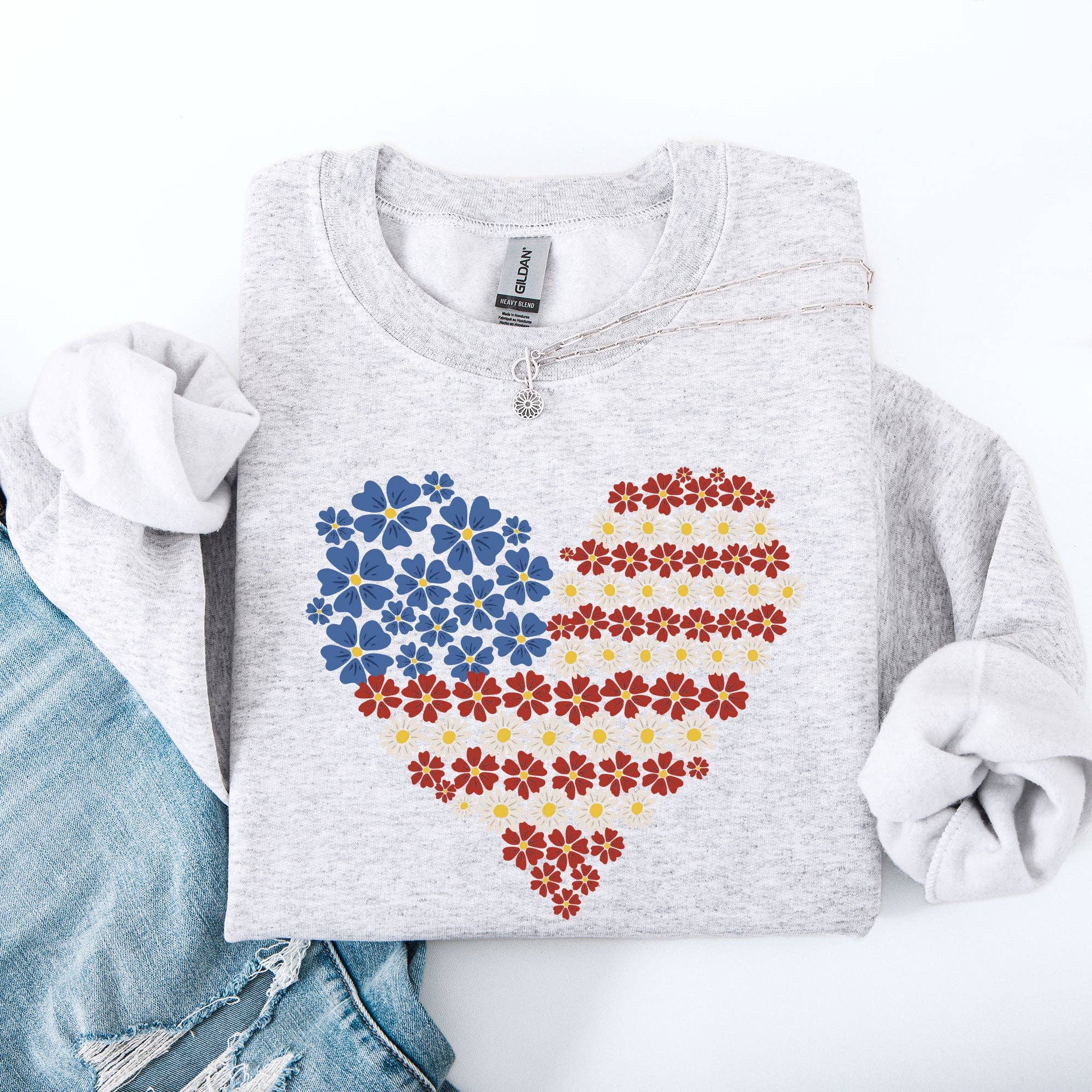 Floral Heart, Patriotic USA, America, 4th of July Sweatshirt