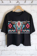 Aztec Pattern Western Cow Skull Graphic Long Crop Top