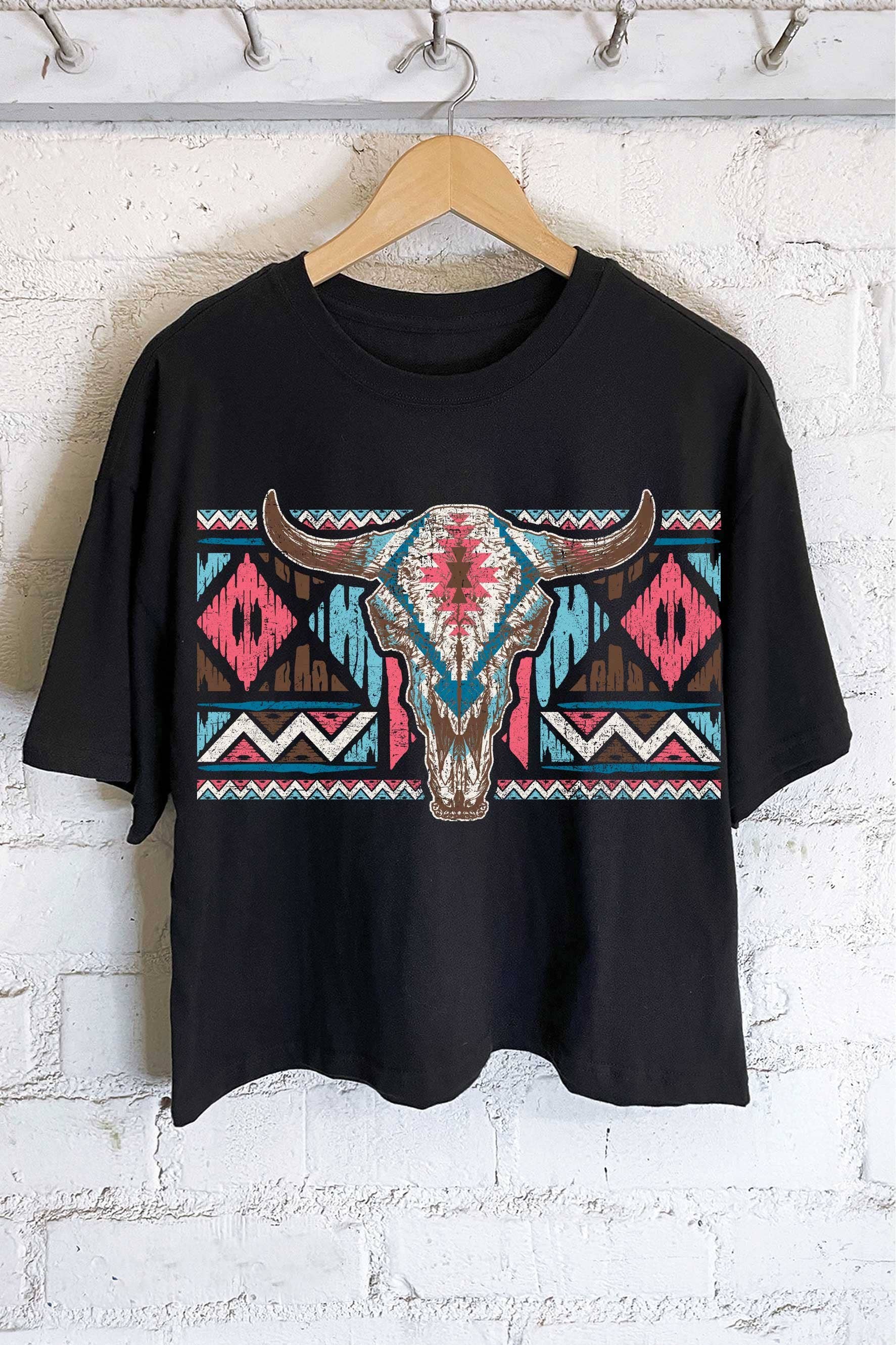 Aztec Pattern Western Cow Skull Graphic Long Crop Top
