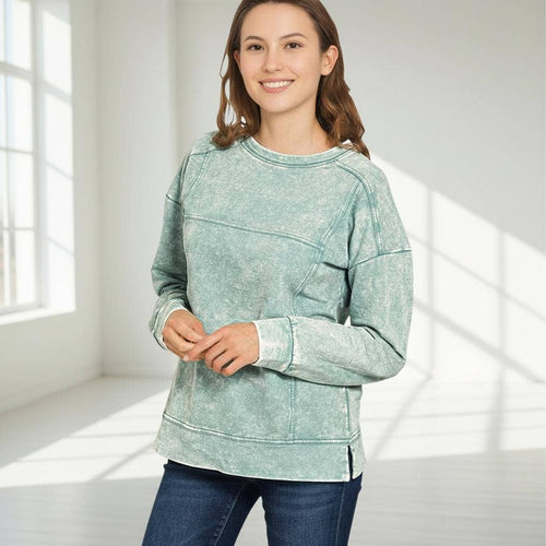 1022 Acid Wash F/Terry Exposed Seam Pullover SI-28951
