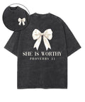 She is Worthy Double Sided Unisex Washed Christian T-shirt Hoodie, Sweatshirt | CiraTrend.com (Image 1)