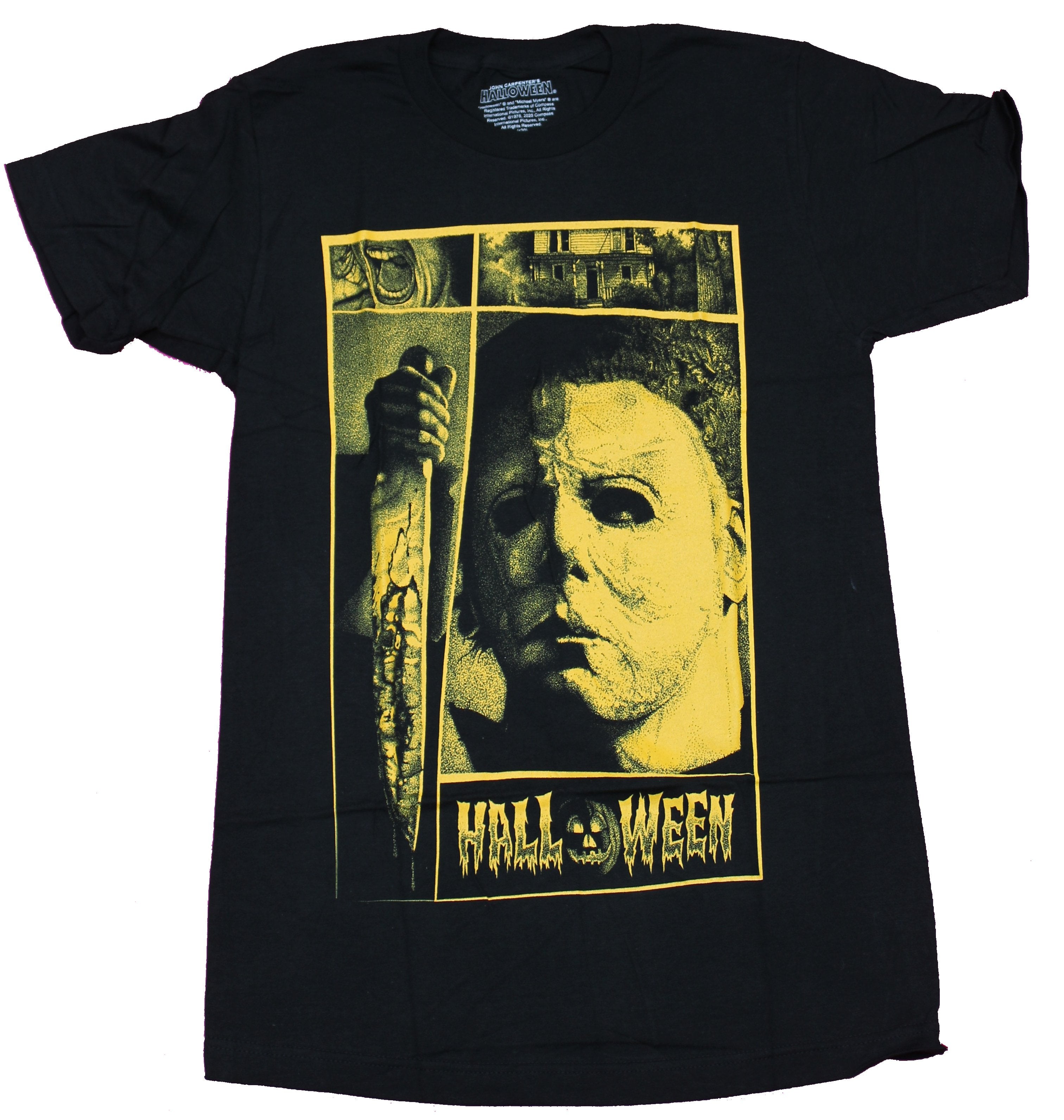 Halloween Movie Mens T-Shirt  -  Yellow Boxed Photo Michael Myers Knife Hoodie, Sweatshirt | CiraTrend.com