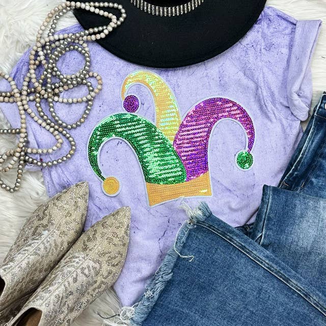 Sequin Jester Hat Patch Pigment Dyed Tee