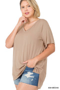 ...SI-21686 Plus Size Pre Washed Real Modal V-Neck Hi-Low Hem Top