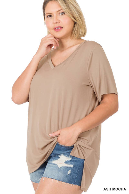 ...SI-21686 Plus Size Pre Washed Real Modal V-Neck Hi-Low Hem Top