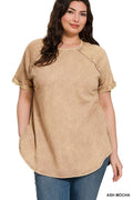 "...._ Plus Acid Wash Raw Edge Short Cuff Sleeve Pullover