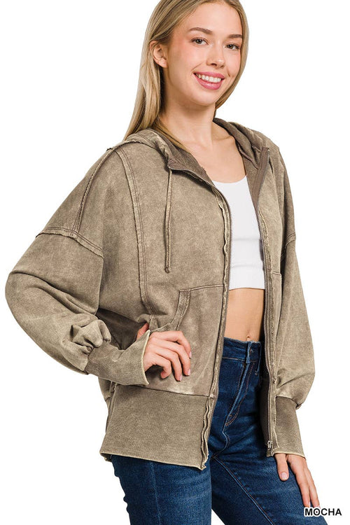 ._ SI-25314 Acid Washed French Terry Zip-Up Hoodie with Pockets
