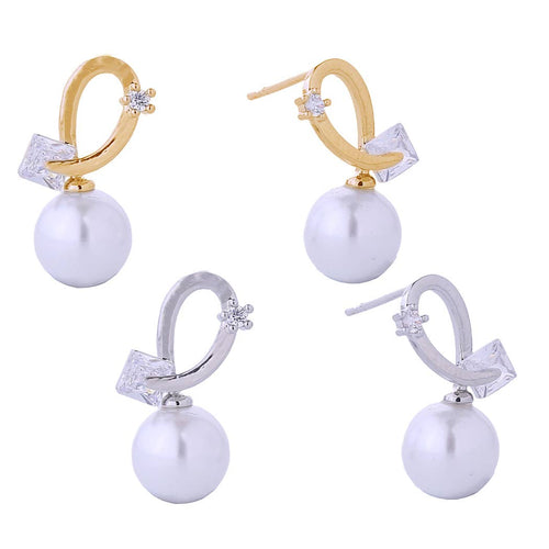 14K Dipped Decorative Line Cz Pearl Post Earrings