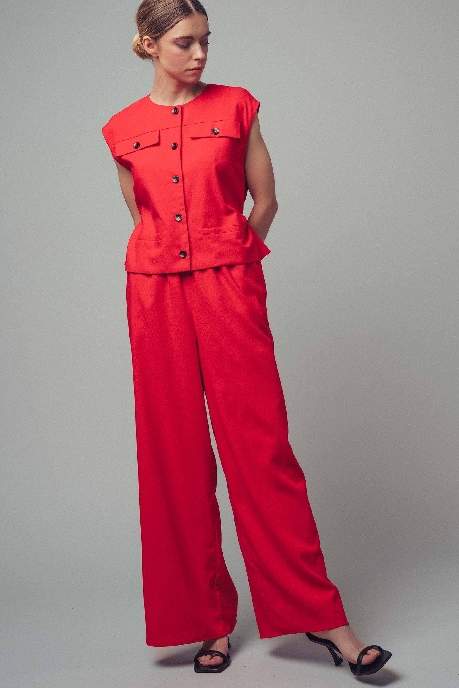 Tie-Waist Sleeveless Wide-Leg Linen Blend Jumpsuit