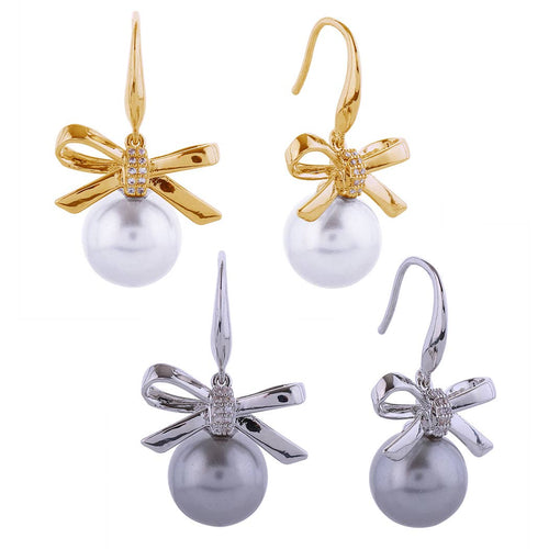 14K Dipped Ribbon Bow Pearl Drop Hook Earrings