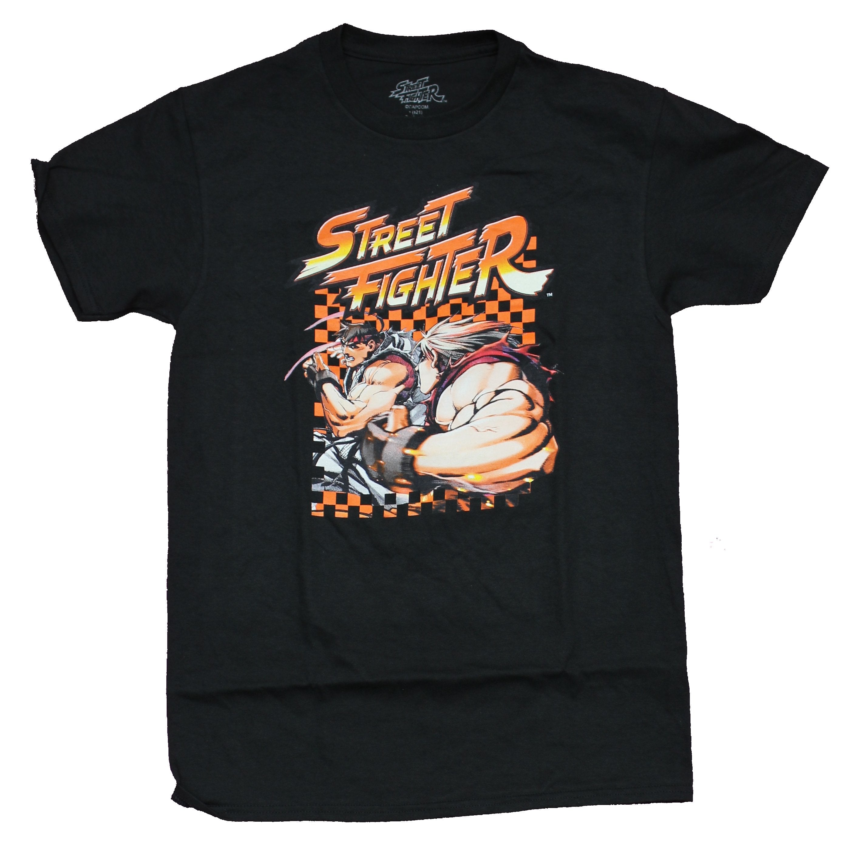 Street Fighter  Mens T-Shirt - Checkerboard Ken & Ryu Battle Under Logo Hoodie, Sweatshirt | CiraTrend.com