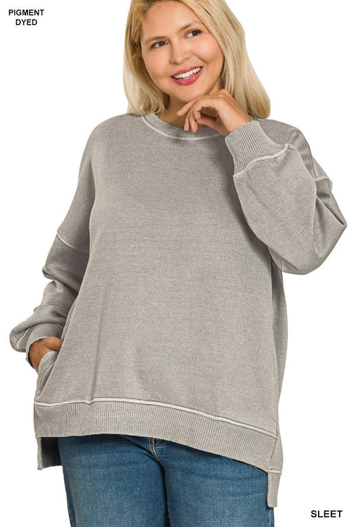 ._ 1017 Plus Pigment Dye Fleece Hi Low Hem Pullover with Pock