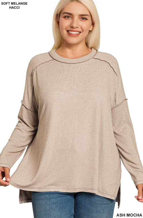 1017 Plus Soft Melange Hacci Exposed Seam Hi Low Tee SI-28726