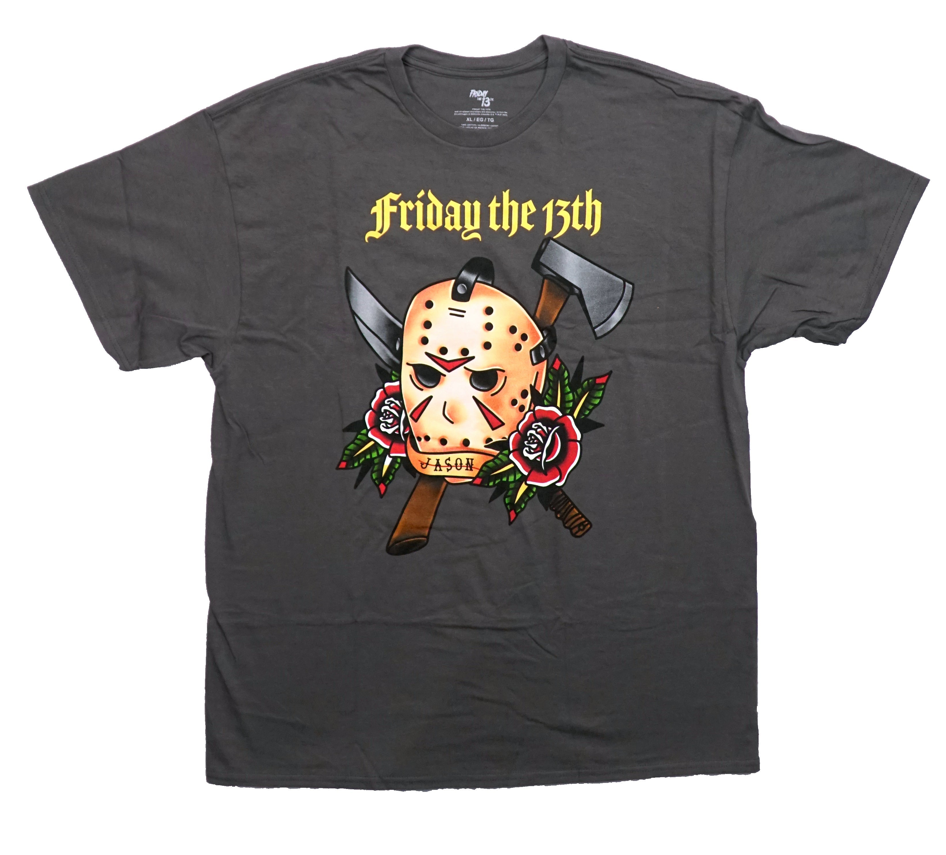 Friday the 13th Mens T-Shirt - Tattoo Rose Design of Jason Mask Below Hoodie, Sweatshirt | CiraTrend.com