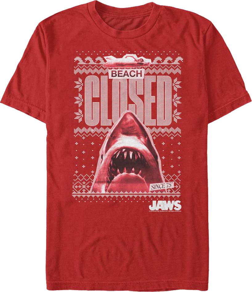 Beach Closed Faux Ugly Christmas Sweater Jaws T-Shirt Hoodie, Sweatshirt | CiraTrend.com (Image 1)