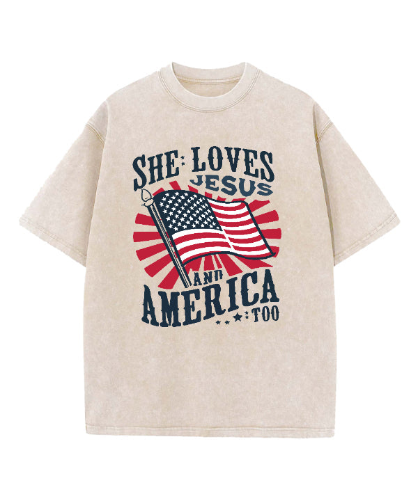 She Loves Jesus & America Washed Christian T-shirt Hoodie, Sweatshirt | CiraTrend.com (Image 1)