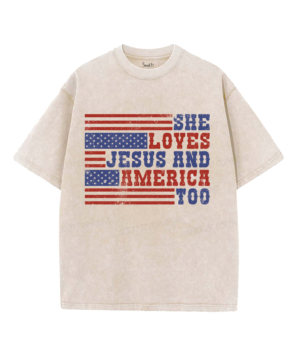 She Loves Jesus And America Unisex Washed Christian T-shirt Hoodie, Sweatshirt | CiraTrend.com (Image 1)