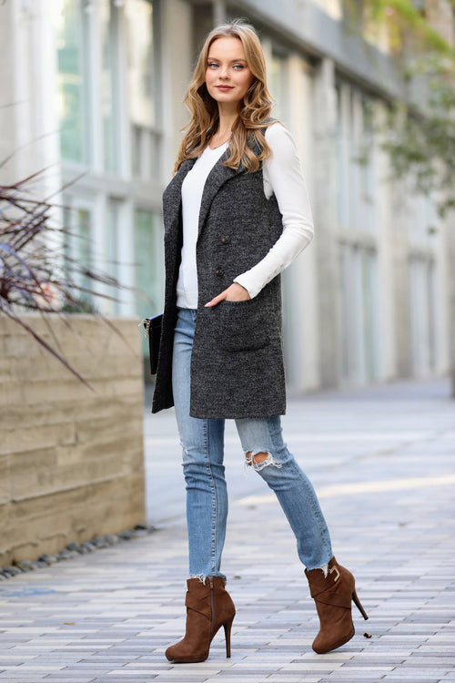 .SI-15549 Sleeveless Notched Collar with Side Pocket Long Swe