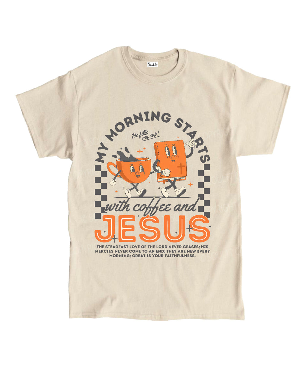 My Morning Stars With Coffee And Jesus Unisex Cotton Christian T-Shirt Hoodie, Sweatshirt | CiraTrend.com (Image 1)