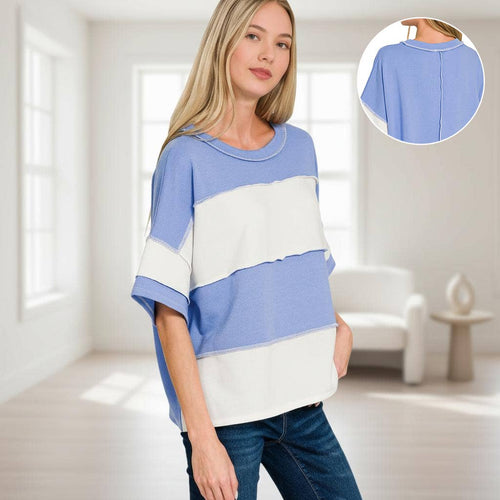 0107 French Terry Color Block Exposed Seam Top SI-29098
