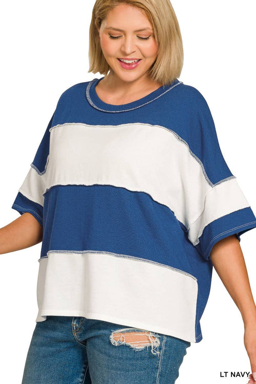 0225 Plus French Terry Color Block Exposed Seam Top SI-29099