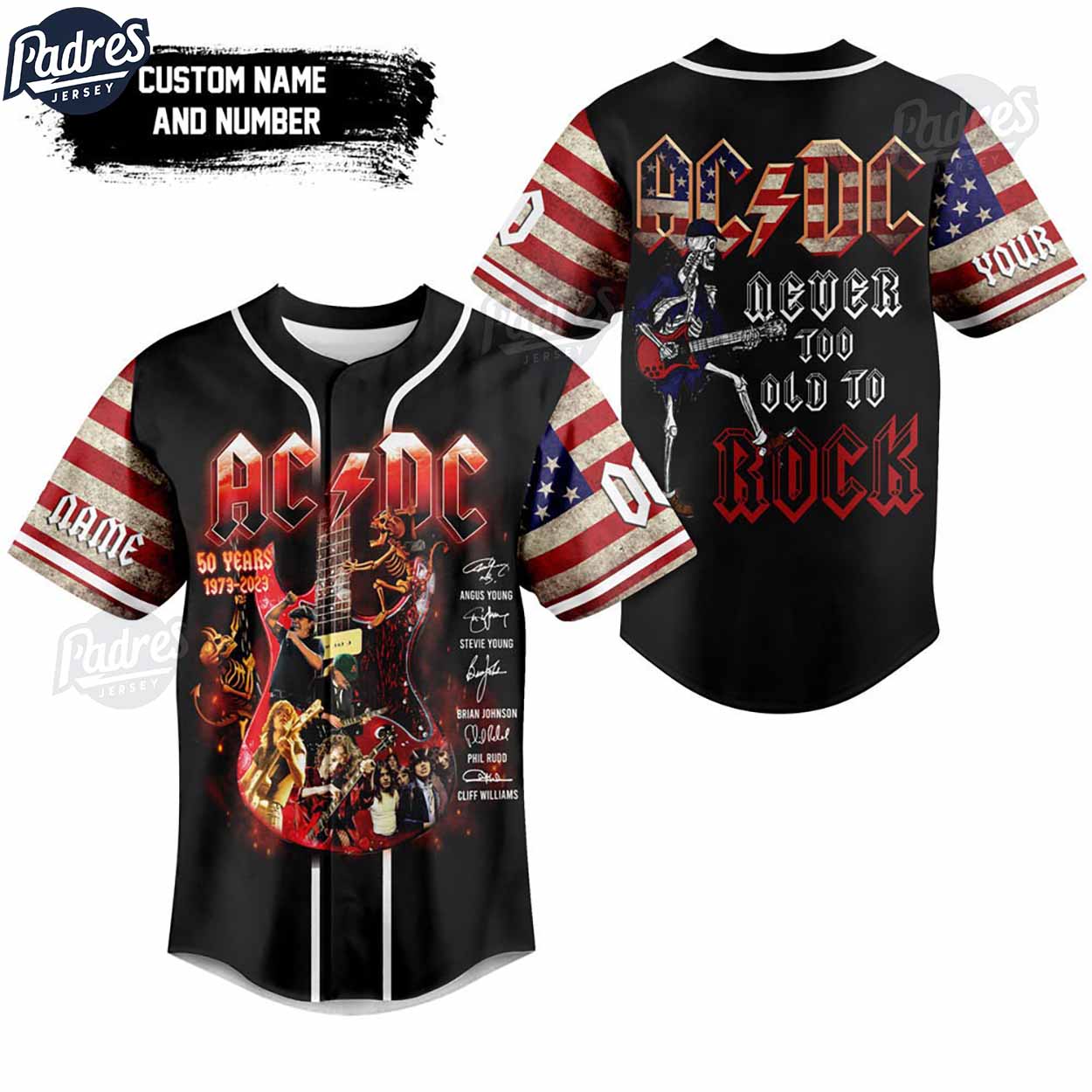 ACDC Never Too Old To Rock USA Custom Baseball Jersey - Padres Jersey Oasis: Elevate Your Baseball Style Game