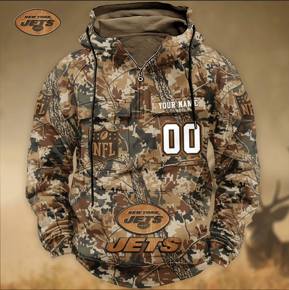 New York Jets Custom Name Number Camo Huntin' 3D Cargo Hoodie