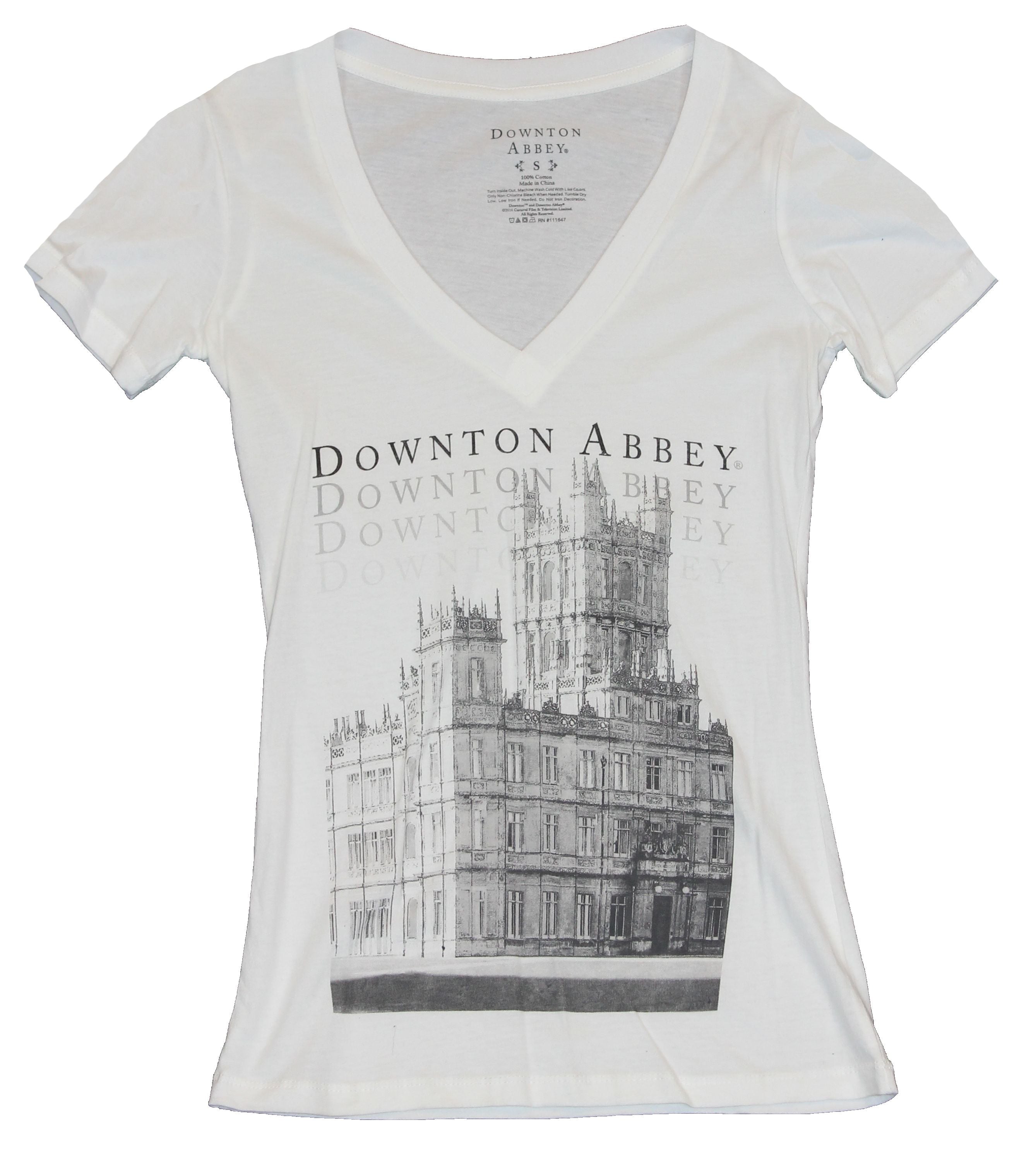 Downton Abbey Girls Juniors V-Neck T-Shirt - Classic Grayscale Downton Image Hoodie, Sweatshirt | CiraTrend.com