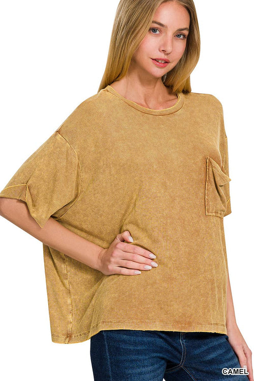 ._ SI-25952 Washed Ribbed Cuffed Sleeve Top