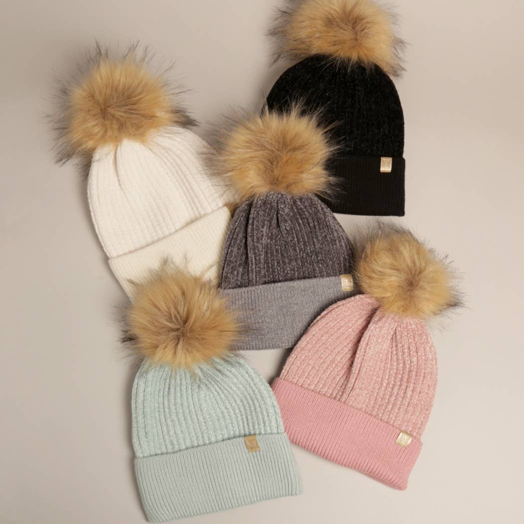 Winter Solid Chenille Cuff Beanie with Pom Pom