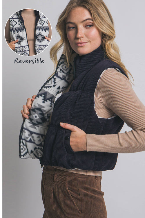 .Aztec Print Reversible Corduroy Puffer Vest