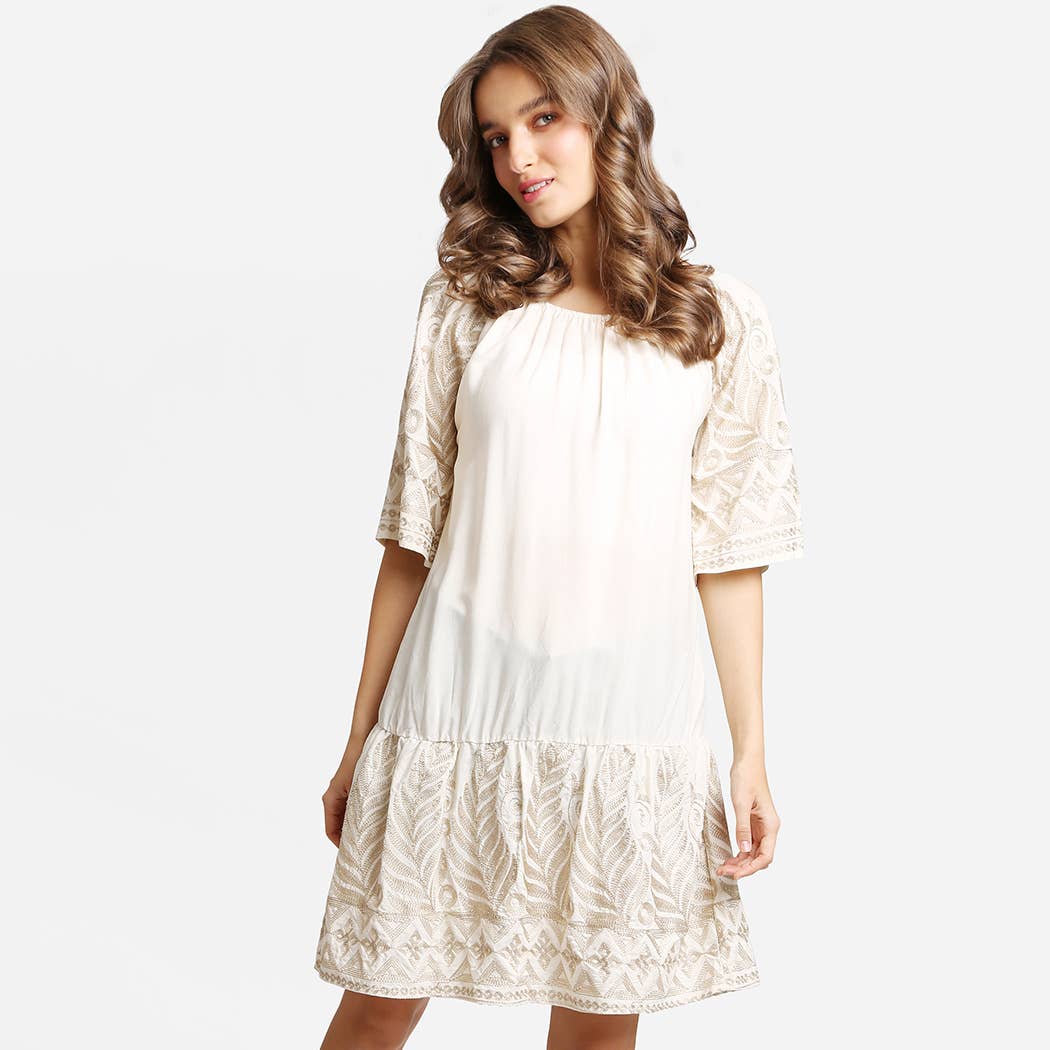 Leaves Embroidered Sleeve Summer Dress