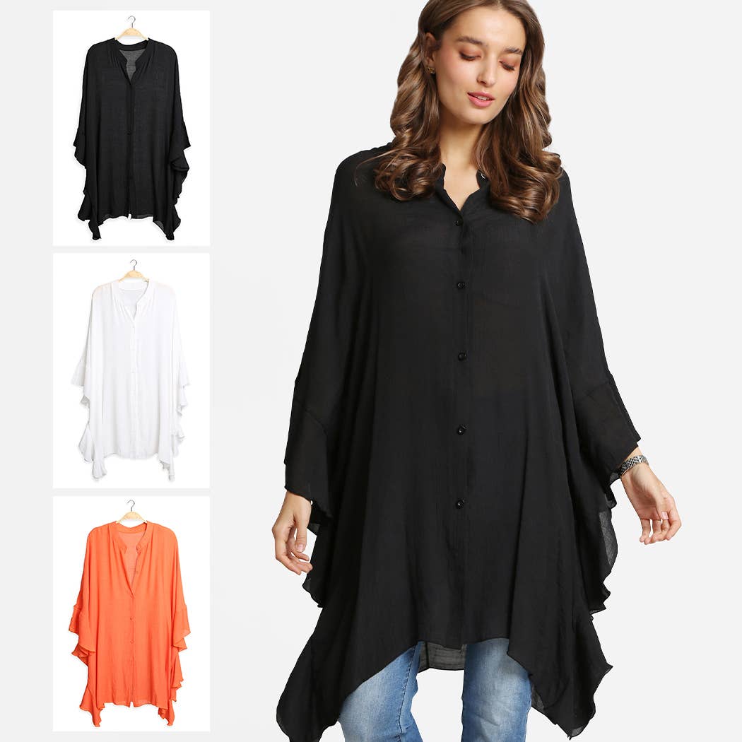 Button Front Long Sleeve Cover-Up Kimono