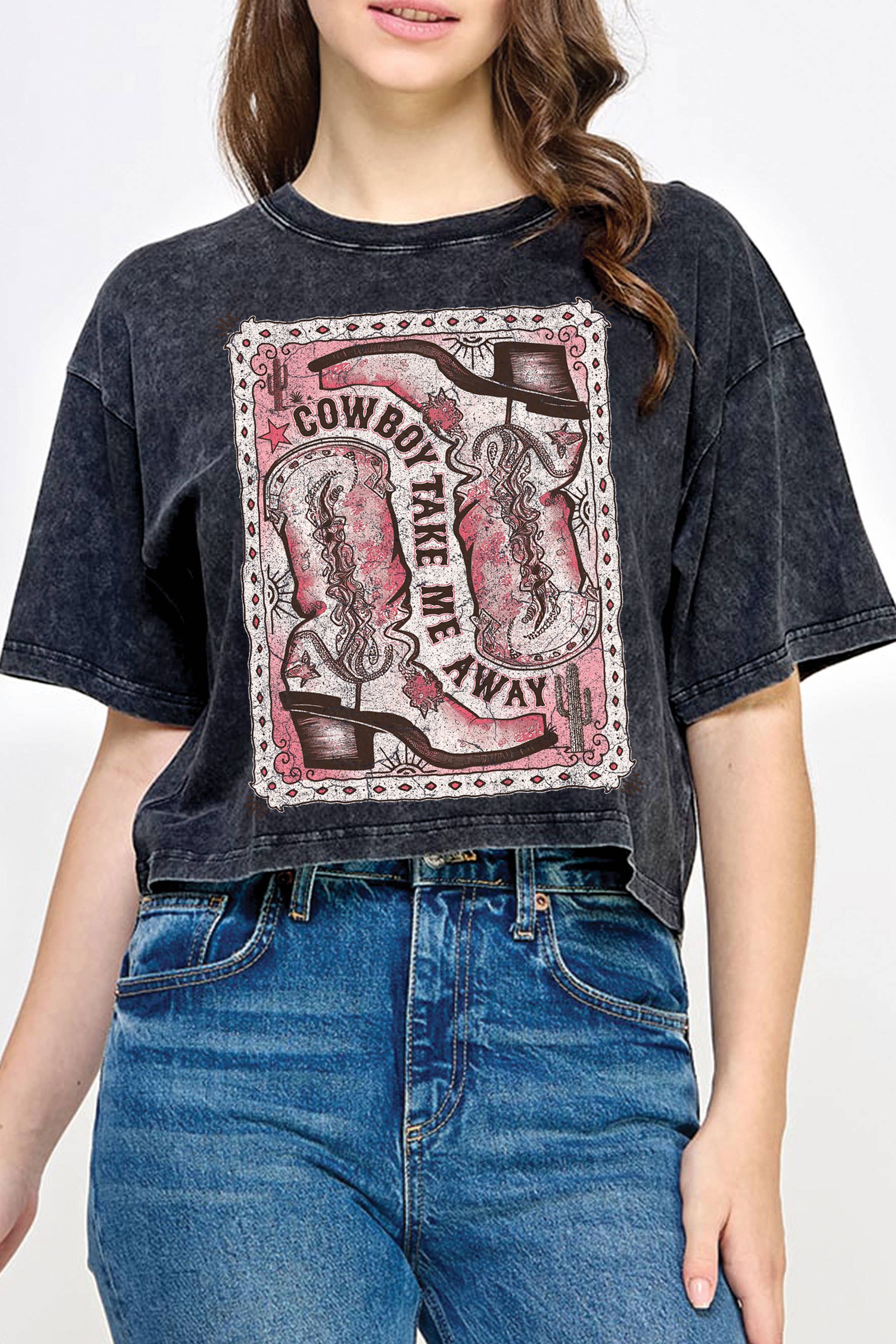 Cowboy Take Me Away Boots Mineral Graphic Long Crop Top