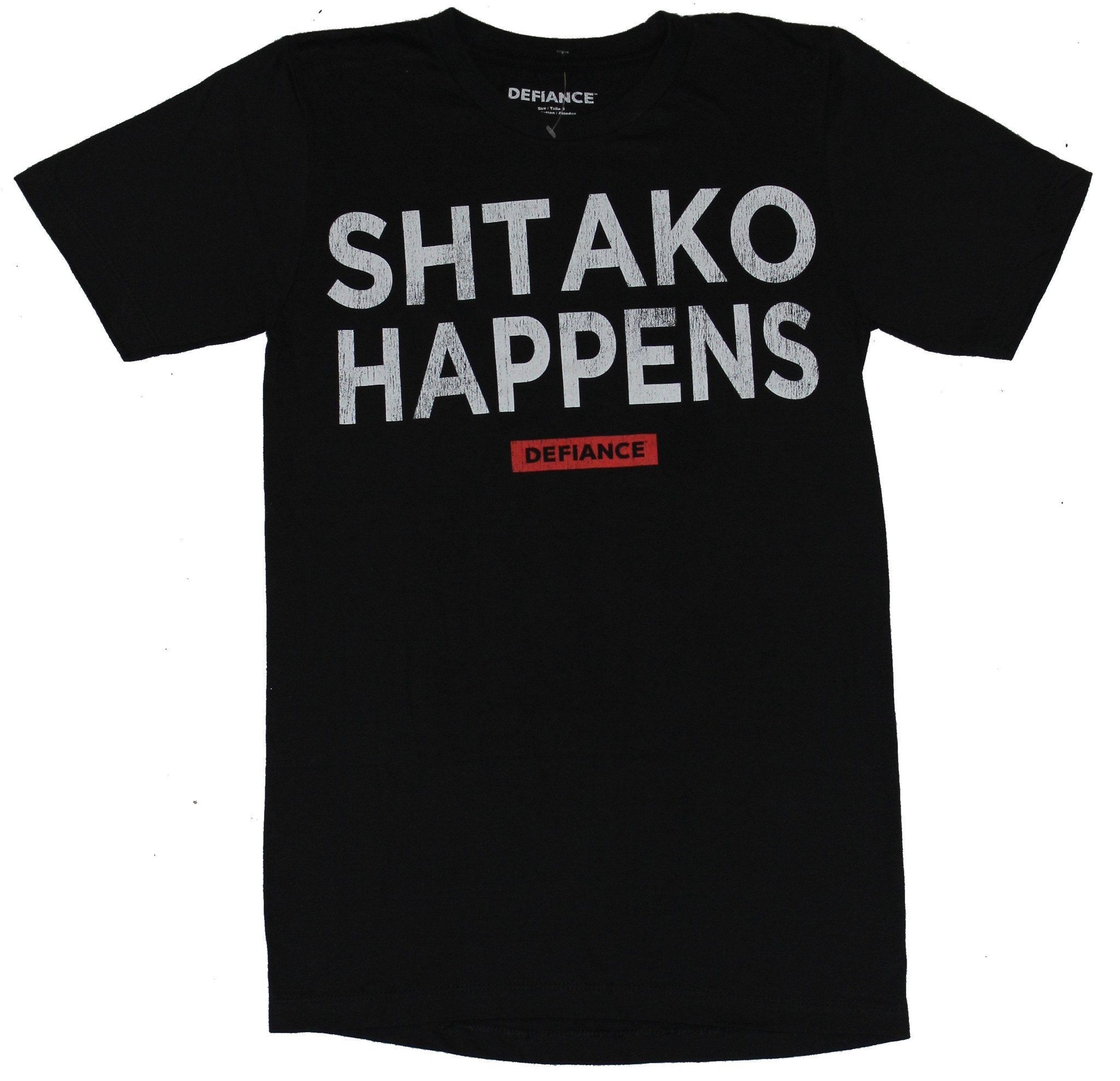 Defiance TV Show Mens T-Shirt - SHTAKO HAPPENS Distressed Block Letter Image Hoodie, Sweatshirt | CiraTrend.com