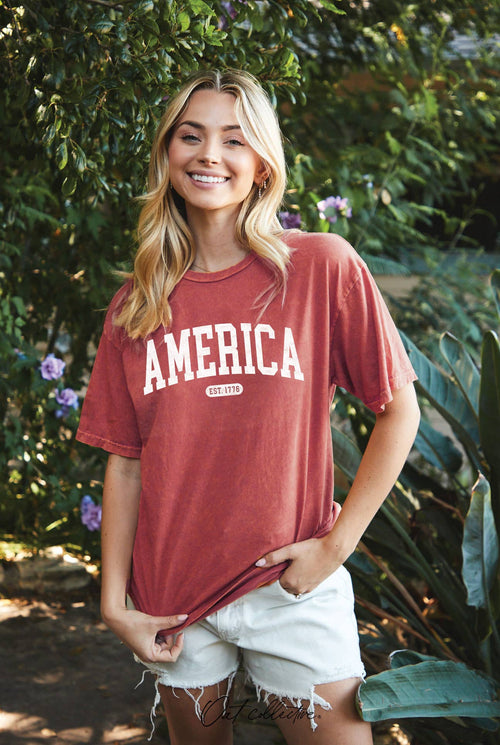 America Est 1776Mineral Washed Graphic Top