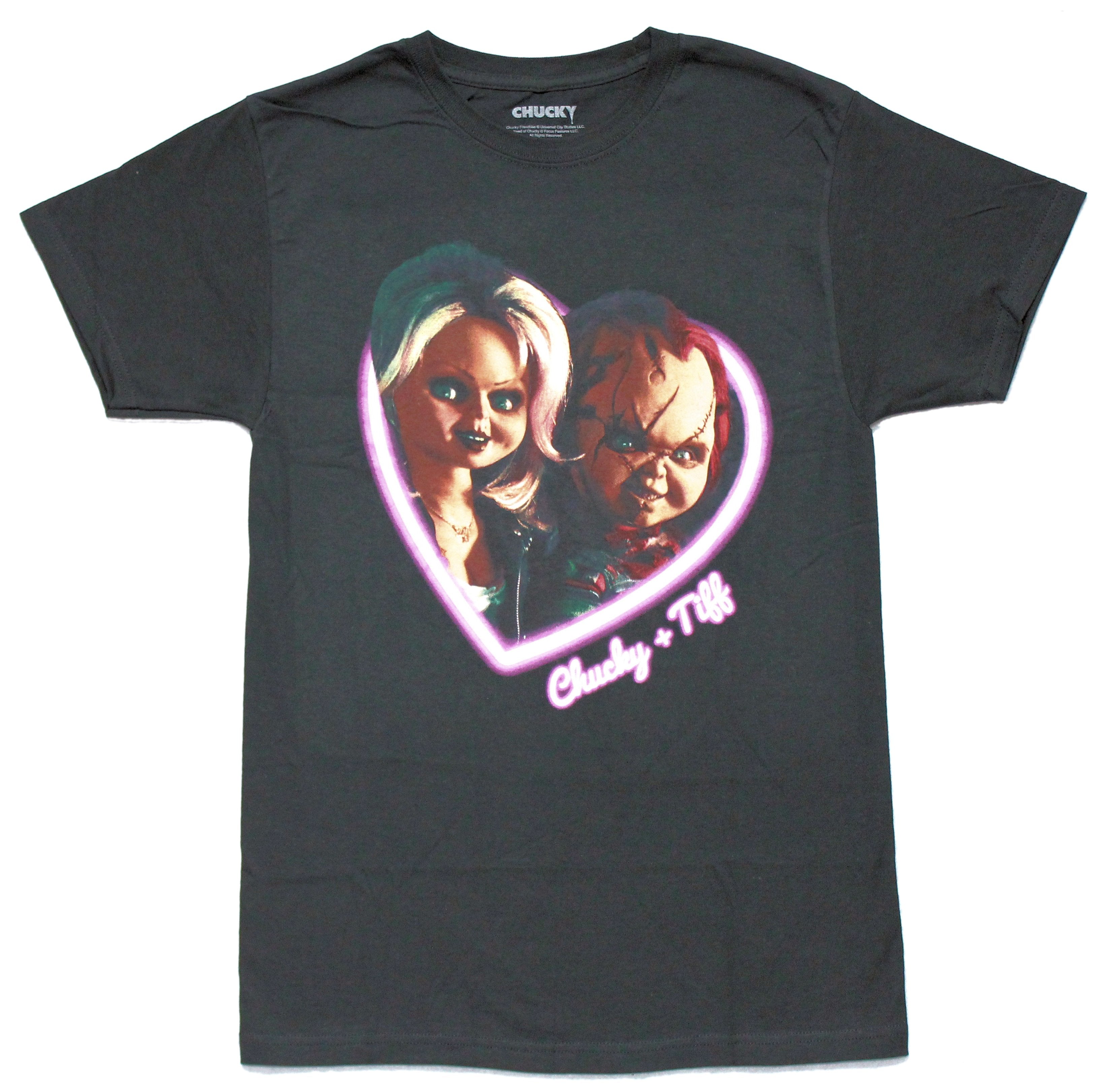 Bride Of Chucky Mens T-Shirt -Chucky + Tiff In Glowing Pink Heart Hoodie, Sweatshirt | CiraTrend.com