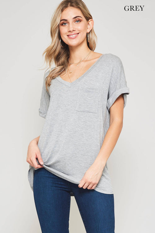 .SI-3953 V-Neck Folded Sleeve Front Chest Pocket Tunic