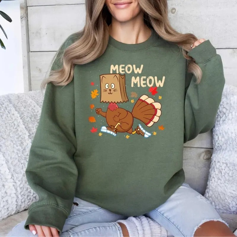 eow Meow Funny Turkey Thanksgiving Sweatshirt, Thanksgiving Turkey Sweater Unisex T-Shirts, Hoodie | CiraTrend.com