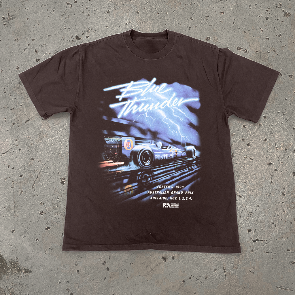 1990 AUSSIE GRAND PRIX 'BLUE LIGHTNING' FOSTERS CHOC HEAVY WEIGHT T-SHIRT Hoodie, Sweatshirt | CiraTrend.com (Image 1)