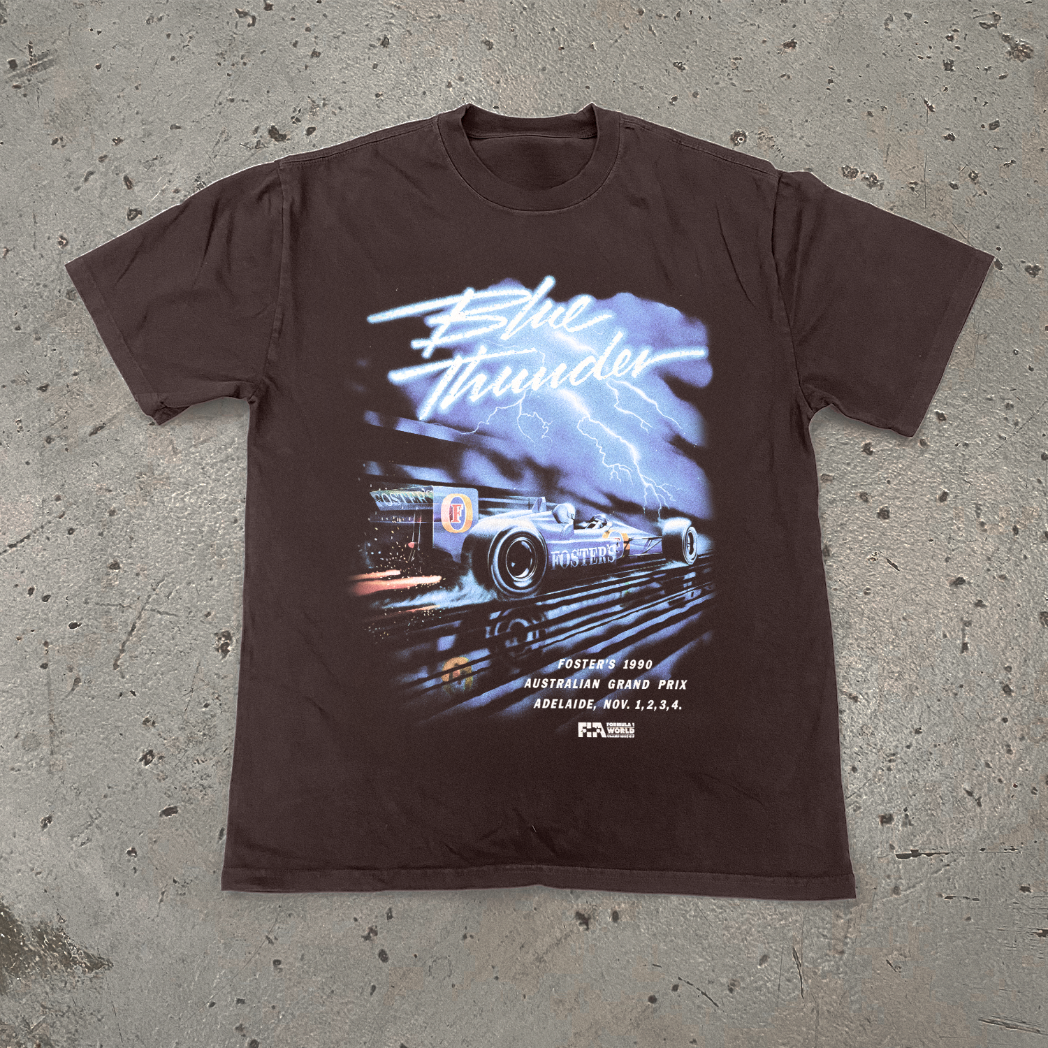 1990 AUSSIE GRAND PRIX 'BLUE LIGHTNING' FOSTERS CHOC HEAVY WEIGHT T-SHIRT Hoodie, Sweatshirt | CiraTrend.com (Image 1)