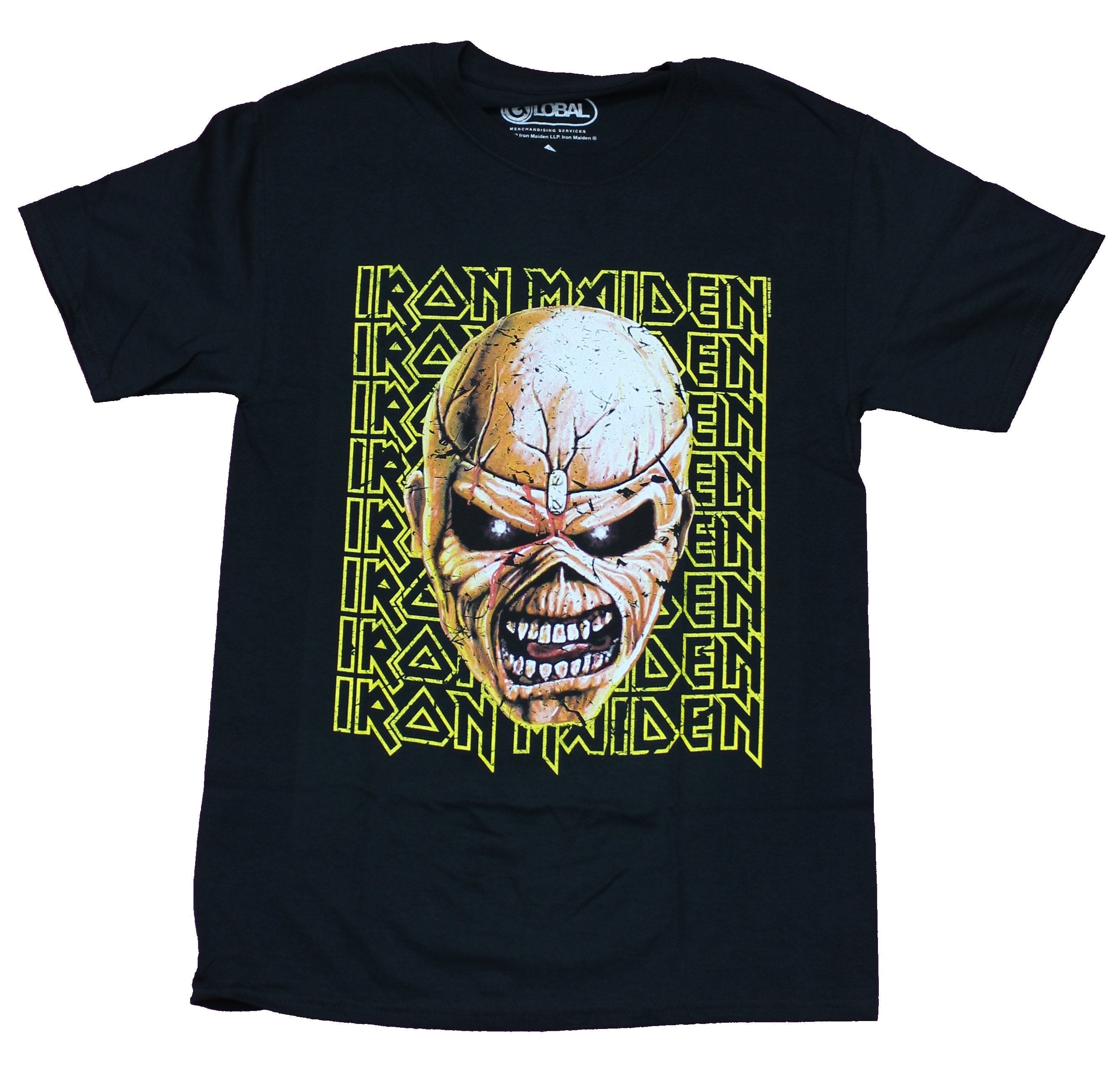 Iron Maiden  Mens T-Shirt - Eddie Face Over Yellow Line Name Drop Hoodie, Sweatshirt | CiraTrend.com