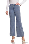 "Acid Washed Frayed Cutoff Hem Straight Wide Pants
